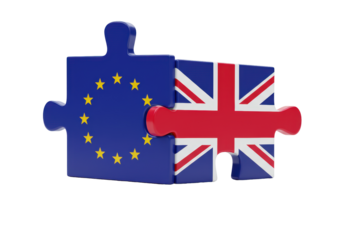 Isolated Brexit United Kingdom EU flags in puzzle pieces, referendum representation