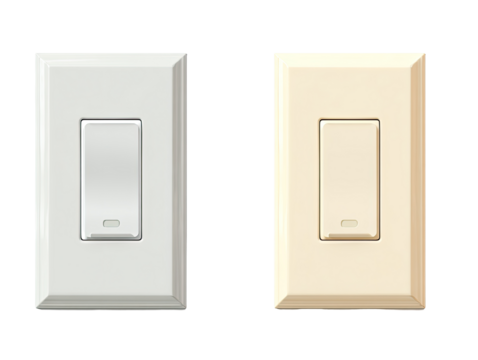 Two rectangular wall switches, one white, one beige,  are displayed side-by-side.  Each switch has a rectangular toggle in the center