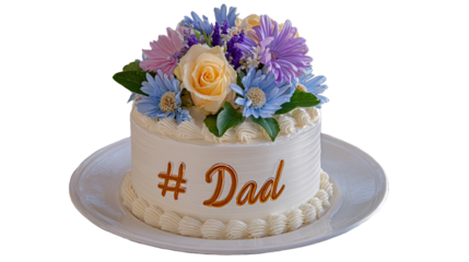 Fathers day cake with flowers and dad text, isolated on transparent background