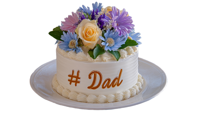 Fathers day cake with flowers and dad text, isolated on transparent background