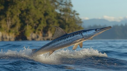 Obraz premium Oceanic fish leaps, waves, and forest