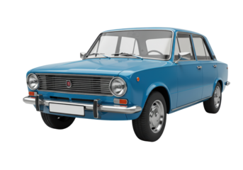 Isolated blue classic car with blank license plate for sticker placement, 70s style