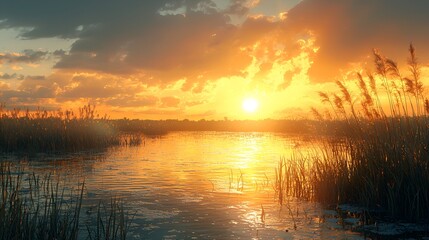 Dramatic sunset over calm lake with reeds.