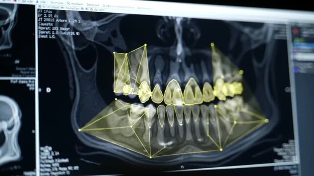 Xray showing highlighted areas of teeth on a screen. Useful for dental clinic marketing material or educational resources for oral health.