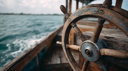 Close-up of an old wooden ship's wheel on a boat, exuding a rustic charm against a beautiful ocean backdrop.