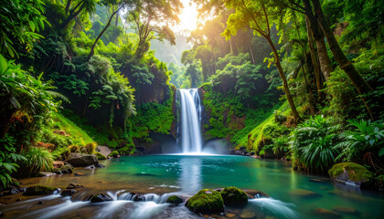 Obraz premium Waterfall cascading into turquoise pool surrounded by lush vegetation in tropical rainforest