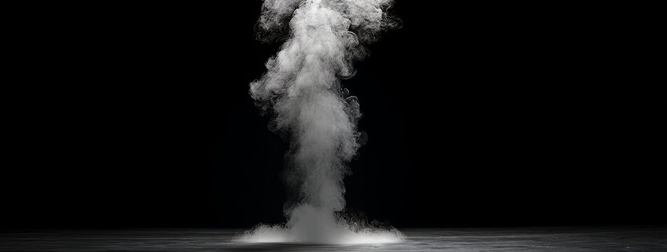 Dynamic and ethereal white smoke plume gracefully rising from a reflective surface against an abyss of deep black, creating a captivating and abstract visual effect