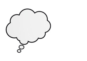 Photorealistic blank transparent cloud-shaped thought bubble with clean black outline, off-center left on transparent seamless background with ample copy space, concept of versatile communication