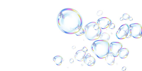 Iridescent soap bubbles in various sizes shimmer with rainbow reflections against a transparent backdrop. The elegant, airy elements add a magical, dreamy touch to any composition.
