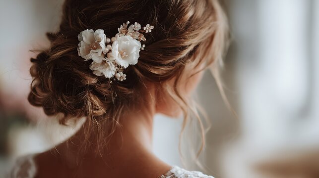 A beautiful bride with light brown hair adorned with floral hair accessories, capturing a romantic and elegant ambiance.