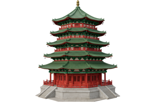 Isolated multi-story temple architecture with green roofs and red details for tourism promotion