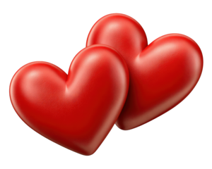 Two red hearts with smooth texture and glossy finish, symbolizing love, romance, and affection, perfect for Valentine Day or romantic occasions, isolated on transparent background