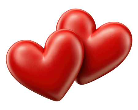 Two red hearts with smooth texture and glossy finish, symbolizing love, romance, and affection, perfect for Valentine Day or romantic occasions, isolated on transparent background