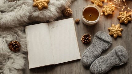 Cozy flat lay with open notebook, burning candle, knitted socks, and Christmas decorations on wooden background