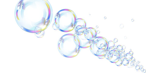 Iridescent soap bubbles in various sizes shimmer with rainbow reflections against a transparent backdrop. The elegant, airy elements add a magical, dreamy touch to any composition.
