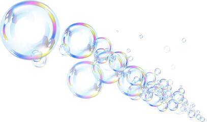 Iridescent soap bubbles in various sizes shimmer with rainbow reflections against a transparent backdrop. The elegant, airy elements add a magical, dreamy touch to any composition.
