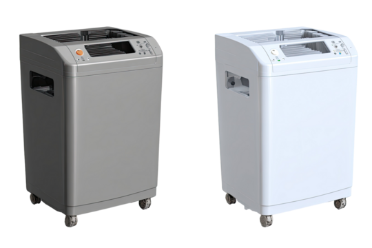 Two gray and white office shredders on wheels