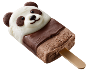 Panda ice cream popsicle cartoon dessert chocolate vanilla cute sweet snack isolated stick animal treat fun playful creative creamy cold summer frozen food brown white face ear happy delicious