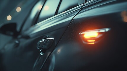 Close-up of a sleek black car with an illuminated turn signal, showcasing modern automotive design.