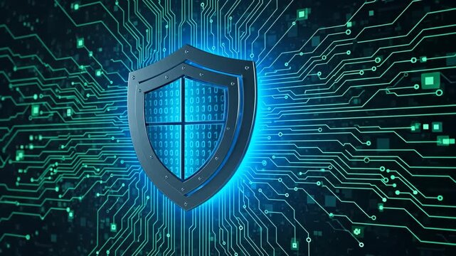 Digital Shield: Cyber Security Protection - A 3D video of a metallic shield emblem with binary code, set against a backdrop of a glowing circuit board.