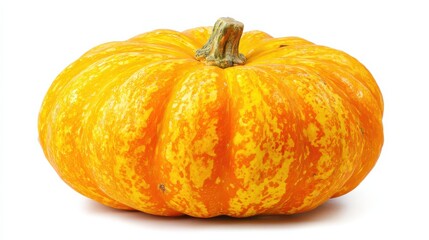 Obraz premium Vibrant and Textured Yellow Pumpkin with Stripes on White Background Showcasing Autumn Harvest and Seasonal Decor