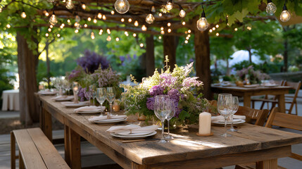 Obraz premium Garden party brunch featuring rustic wooden farm tables adorned with wildflower arrangements vintage china and string lights woven through overhead tree branches garden brunch