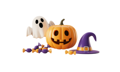 Halloween pumpkin, ghost, hat and candy