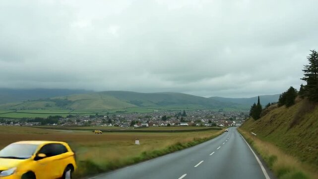 Town roads fields hills pastures cloudy sky
