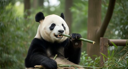 Obraz premium Giant panda eating bamboo in a lush forest with greenery