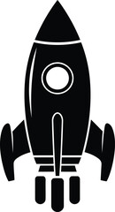 Black rocket ship icon with exhaust symbolizing launch space travel business startup and rapid progress