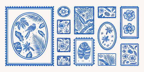 Collection of blue and white postage stamps featuring tropical birds and floral designs © Ripan