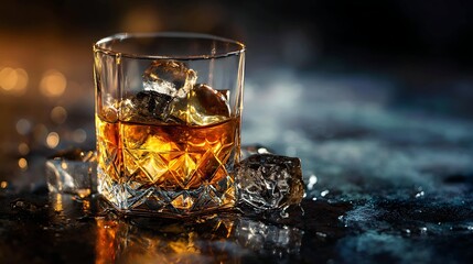 A close-up shot of a glass of whiskey with ice, capturing warm amber hues against a dark background.