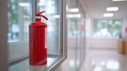 Red fire extinguisher securely placed inside transparent cabinet mounted on clean hospital wall polished floors reflecting soft fluorescent lighting emphasizing healthcare safety