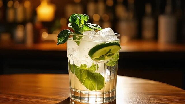 Refreshing mojito cocktail with lime and mint on a wooden bar surface in soft light
