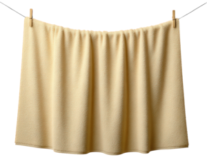 Beige hand towel hanging on clothesline with wooden clothespins, soft textured fabric, bathroom decor, clean and minimal style, cozy and inviting atmosphere