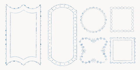 Collection of delicate blue watercolor hand drawn decorative frames and borders with floral elements © Ripan