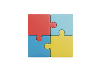 Isolated multicolored puzzle pieces together with red, blue, yellow, and cyan colors