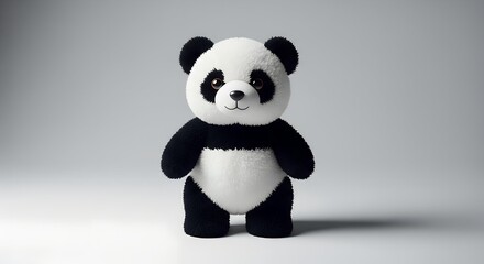 A cute stuffed panda bear standing against a plain grey background with soft lighting.