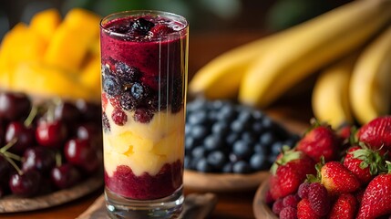 Colorful layered fruit smoothie with berries and tropical fruits in a glass, set against a vibrant display of fresh fruits.