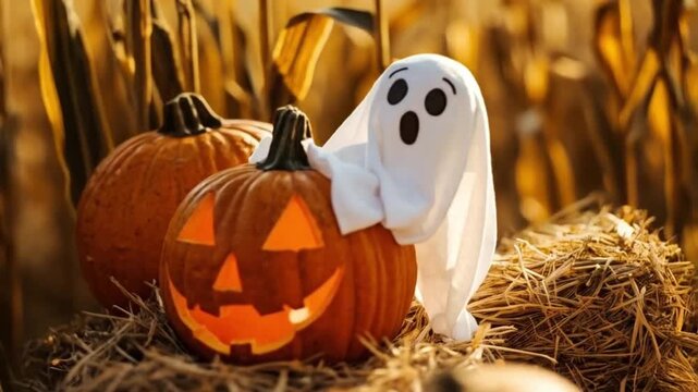 A jack o lantern and ghost decoration on hay bales with corn stalks in the background halloween pumkin video