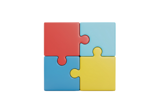 Isolated multicolored puzzle pieces together with red, blue, yellow, and cyan colors