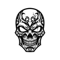 Stylized Skull with Tribal Ornamentation and Cracks, Black and White