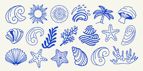 Collection of hand drawn blue line art ocean and beach elements on a light background