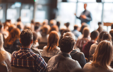 Audience Listens to Lecturer at a Conference MeetingSeminar Training. Group ofPeople Hear Presenter GiveSpeech . Corporate ManagerSpeaker Gives Business Tecnology and Economic Forecat.