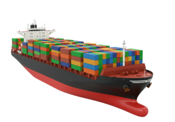 Isolated container ship with multicolored cargo on deck ready to transport goods globally