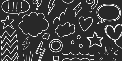 A chaotic and energetic collection of hand drawn white doodles including stars hearts lightning bolts speech bubbles and question marks on a black background