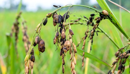 Damaged rice plant with diseased grains