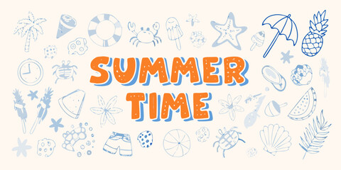 Hand drawn summer time lettering surrounded by beach and vacation icons in blue and orange