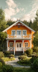Sunny orange house with white trim and porch, nestled in greenery