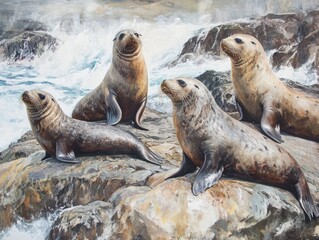 Obraz premium Four seals on rocks near ocean waves